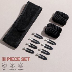 11-Piece Beauty Set: Microfiber Wrist and Head Bands, Clips - Black